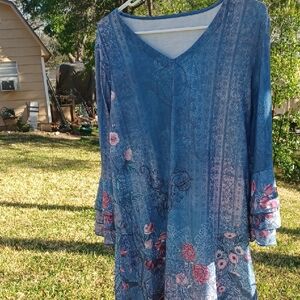 Blue Floral V-Neck Long Sleeve Women's Mini Dress Or Top